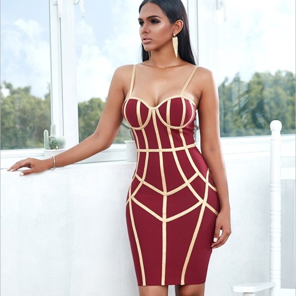 🎥 Bandage Slim Dress with Contrast Trim Burgundy - Picture 7 of 15